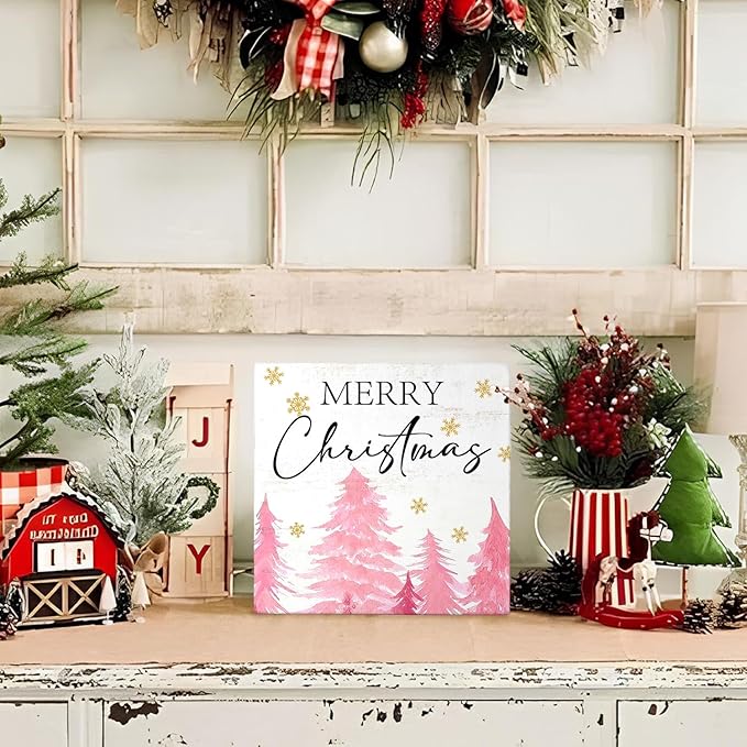 Mtrgdn Pink Christmas Decor Wooden Box Decor Sign,Rustic Merry Christmas Signs for Bedroom Bathroom Home Office Desk Shelf Table Wall Decor,Small Pink Xmas Tree Indoor Decorations Gifts for Women Girls,5x5 Inch