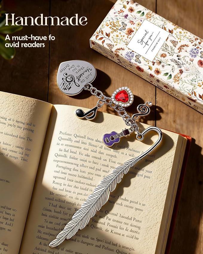Buleens Bookmarks for Women Reading - Book Marks for Readers Book Lovers, Feather Music Guitar Purple Personalized Metal Bookmark with Pendants, Pretty and Aesthetic Book Accessories Reading Gifts