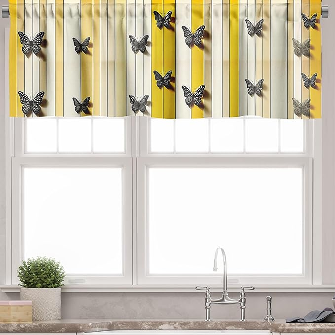 Ambesonne Summer Valance & Tier Curtain 3 pcs Set, Dotted Butterflies with Stripes and Blossoming Daisy Meadow Print, Window Treatments for Kitchen Room Decor, 55" x 24", Yellow Reseda Green and Beige