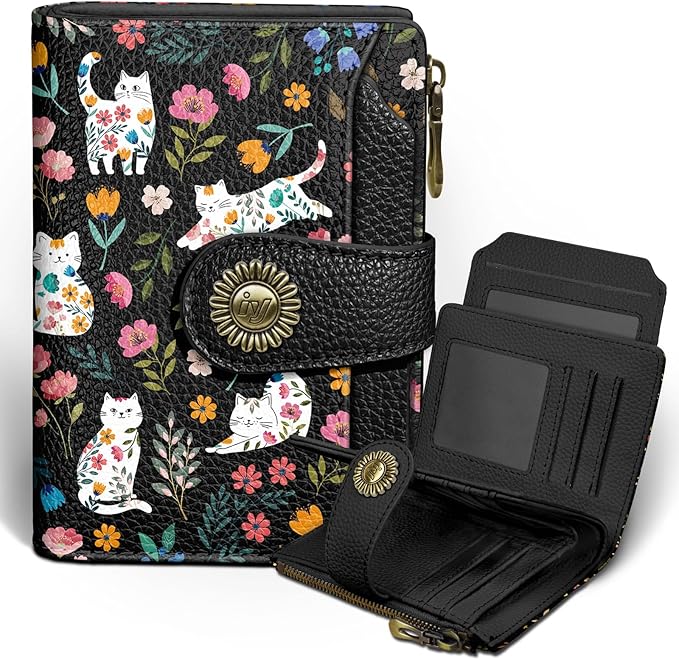 Flowers Cat Wallet Women Small RFID Blocking Bifold, Cute Credit Card Holder, Zipper Coin Pocket, PU Leather, Compact, Travel, 4 ID Window, 14 Card Slots, Cash Purse, Ladies Woman Female Girls
