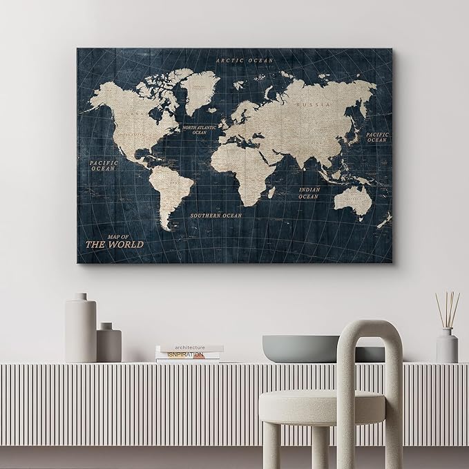 wall26 Canvas Print Wall Art Vintage Navy Blue World Map Classic World Atlas Digital Art Modern Art Traditional Colorful for Living Room, Bedroom, Office - 24"x36"