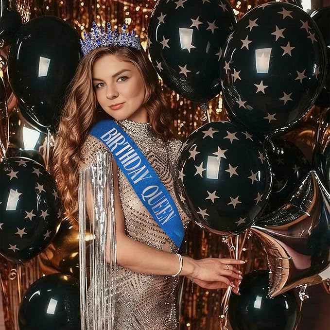 COCIDE Blue Birthday Queen Sash for Women Happy Birthday Crowns Princess Tiaras Sashes for Girl Crystal Party Decorations Rhinestone Headband Supplies Decor