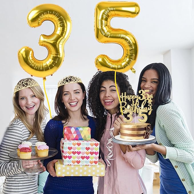 35th Birthday Decorations for Women Gold with 35th Birthday Sash and Tiara, Cake Topper and Candles, Number Balloons, 35 Year Old Gifts for Women