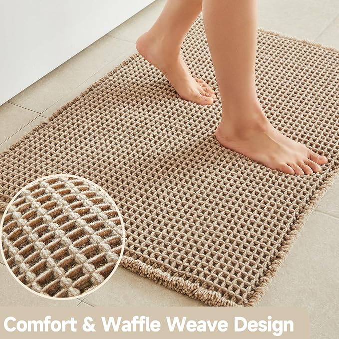 Waffle Bath Mat, Boho Bathroom Rugs Non Slip Washable Super Absorbent Quick Dry Bath Mat Farmhouse Bathroom Decor, 24"x16" Beige