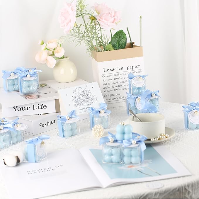 ACITHGL 30 Sets Fully Assembled Small Bubble Candle Party Favors for Guests Bulk Bridal Showers Favors Candles with Stylish Ribbons Thank You Cards Gifts (Blue)