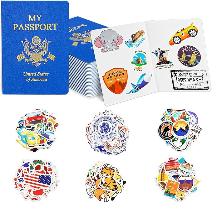 30 Pcs Fake Passport Book for Kids with 300 Non-Repeating Stickers (Including 6 Themes), Suitable for Party Favors, Scrapbooking, Arts and Crafts, School Supplies, Wall Stickers…