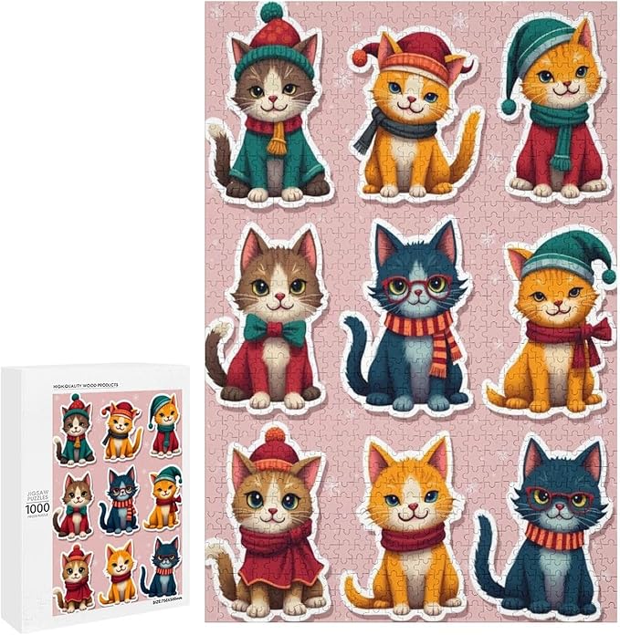 Wooden Puzzle 1000 Pieces Adult - Christmas Cat Puzzle Christmas Puzzles, Holiday Puzzles, Family Toys, Party Games, Jigsaw Puzzle Challenge and Funny