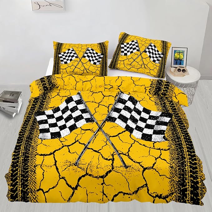 Race Flag Duvet Cover Queen Size Racing Checkered Flag Bedding Set Tire Track Comforter Set Sporty Race-Themed Quilt Cover with Pillowcases for Bedroom