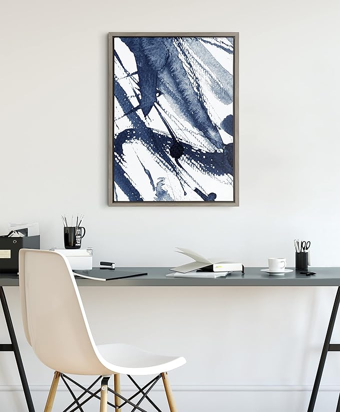 Kate and Laurel Sylvie Indigo Watercolor Framed Canvas Wall Art by Amy Peterson Art Studio; 18x24 Gray; Decorative Abstract Art for Wall