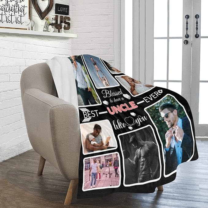 Custom Blanket Gifts for Uncle, Customized Blankets with Photos, Make a Personalized Bed Throws to My Uncle, Custom Souvenir Throw Blanket for Best Uncle Ever, 8 Collages Made in USA