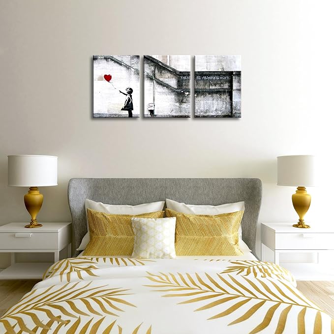 Wieco Art Banksy Grafitti Girl with Red Balloon Modern 3 Piece Famous Canvas Paintings Wall Art Inspirational Grey Love Pictures Print Artwork for Dining Room Kitchen Home Office Decor