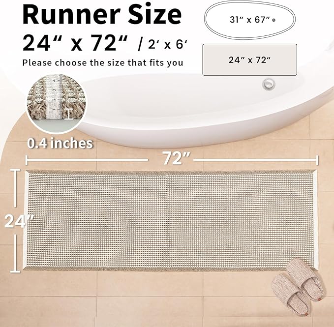 Waffle Runner Bath Mat - Long Boho Bathroom Rugs Non Slip Washable, Super Absorbent & Quick Dry, Soft Bath Mat Farmhouse Bathroom Decor, 24'' x 72'', Khaki and White