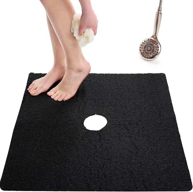 Enkosi Loofah Shower Mat with Drain Hole – Cushioned Anti-Slip Square Bath Mat for Showers, and Bathroom Floors – Textured PVC, Non Slip Safety Pad for Walk-in Stalls and Wet Areas (27x27 Black)