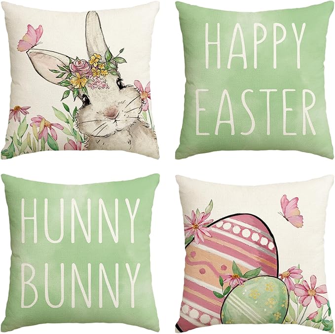 AVOIN colorlife Happy Easter Hunny Bunny Green Throw Pillow Covers, 18 x 18 Inch Easter Eggs Bunny Spring Cushion Case for Sofa Couch Set of 4