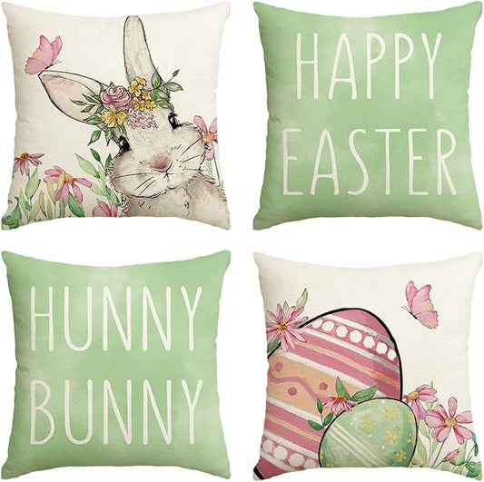 AVOIN colorlife Happy Easter Hunny Bunny Green Throw Pillow Covers, 18 x 18 Inch Easter Eggs Bunny Spring Cushion Case for Sofa Couch Set of 4