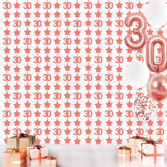 Rose Gold 30th Birthday Decorations 2 Pack Glitter 3.3X6.6ft Star Photo Booth Backdrop Foil Fringe Curtains for Womens 30 and Fabulous Dirty Thirty Cheers to 30 Years Birthday Anniversary Party Decor