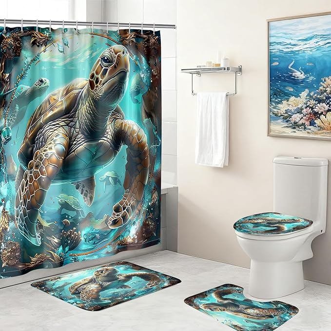4 Pcs Ocean Shower Curtain - Sea Turtle Shower Curtain Under The Sea Curtain for Bathroom Ocean Bathroom Sets with with 12 Hooks