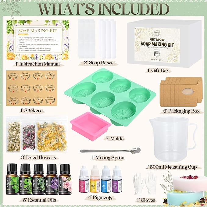 Jcoos Soap Making Kit, DIY Soap Making Kit for Adults, Kids - Shea Butter Glycerin Melt and Pour Base, Molds, Dye, Fragrances, Dried Flowers, DIY Craft for Kids Beginners Girls, Gift Boxes for Women