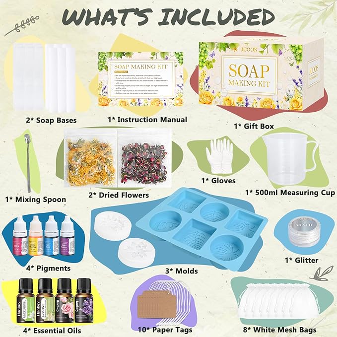 Jcoos DIY Soap Making Kit, Soap Making Kit for Adults Kids, Make Your Own Soap Making Supplies, Shea Butter Glycerin Base, Mold, Dried Flowers, Dye, DIY Scents Crafts, Christmas Gifts