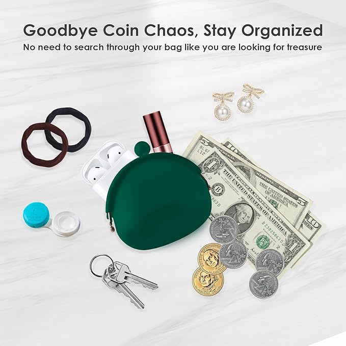 Coin Purse for Women – Silicone Small Coin Pouch with Kiss Lock for Coins, Keys, Lipstick, and Earphones – Mini Cute Change Purse, Coin Purse & Pouch for Daily Life, Cars, Travel, Party (Dark Green)