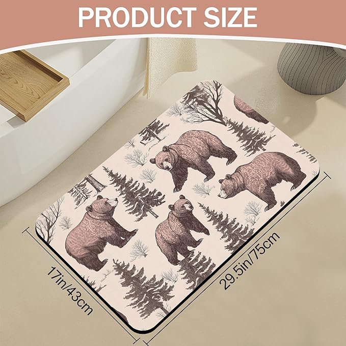 Retro Bear Bathroom Rugs,Bath Mats for Bathroom,Forest Printed Low Pile Absorbent Bath Mat,Rubber Backing Non Slip Washable Thin Quick Dry Door Mat 17x29.5 Inch