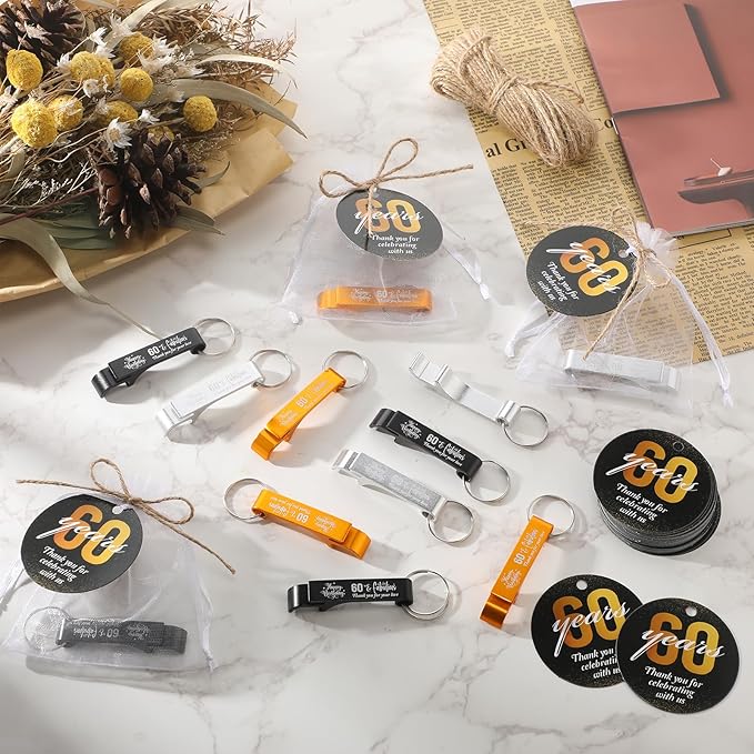 Dandat 54 Sets 60th Birthday Party Favors for Guests Birthday Beer Opener Keychain Cheers to 60 Bottle Opener Keychain with Thank You Cards and Gift Bags for Anniversary Wedding Party Favors