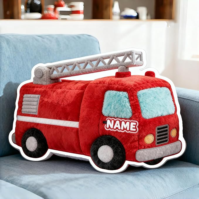 Personalized Fire Truck Shaped Pillow, Custom Name Plush Stuffed Pillows, Suitable for Beds, Sofas, Bedrooms, Living Rooms Custom Decorative Cushion Gifts for Birthday and Anniversary