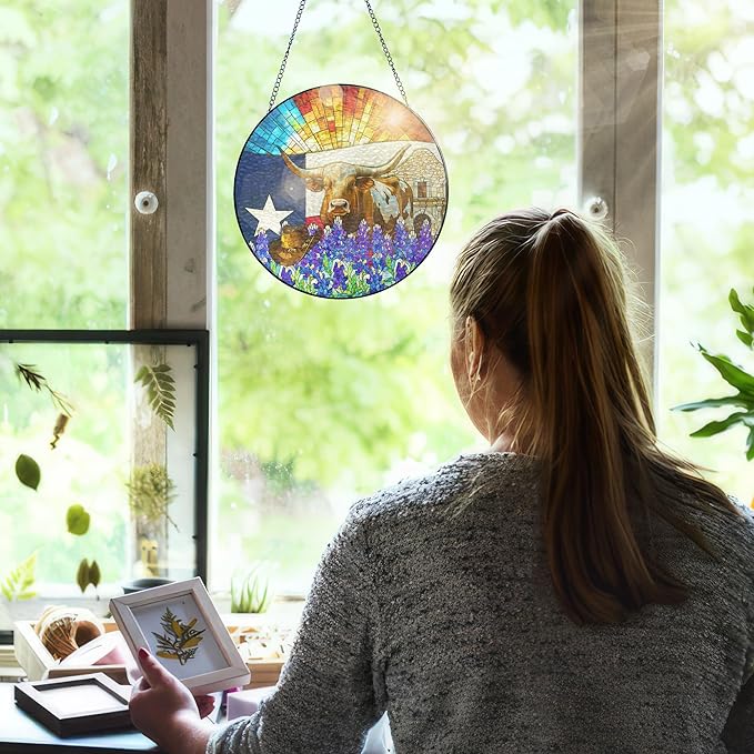 FLAGWIX Texas Gifts for Women Men - Stained Glass Window Hanging 10 in - Sun Catchers Indoor Window for Garden Decor, Texas Themed Gifts for Mom Dad Texans Friends, Sun Catcher for Door Home Decor