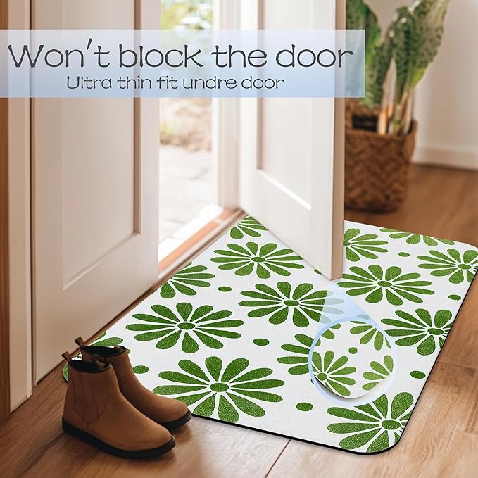 Bathroom Rug 29.5"x17",Green Flowers Bath Mat with Non-Slip Rubber Backing, Quick-Drying Absorbent Thin Floor Mat for Bathroom, Shower, Sink, or Kitchen