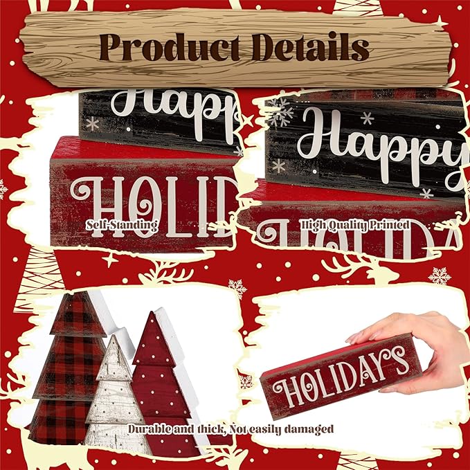 4 Pcs Christmas Table Decor Wooden Tree Decoration Christmas Centerpiece Winter Tiered Tray Decor Decorative Red and Black Buffalo Plaid Block Signs Gift Farmhouse Xmas Decoration for Kitchen