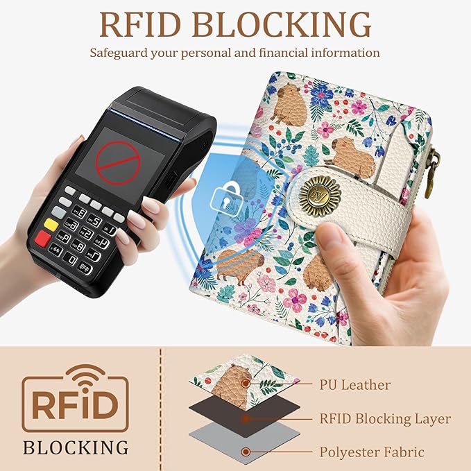 Cute Capybara Wallet Women Small RFID Blocking Bifold, Credit Card Holder, Zipper Coin Pocket, PU Leather, Compact, Travel, 4 ID Window, 14 Card Slots, Cash Purse, Ladies Woman Female Girls