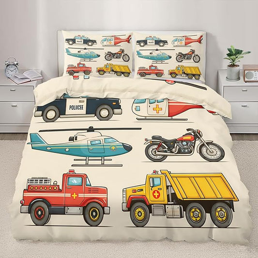 Vintage Rescue Vehicles Bedding Set California King Police Car Fire Truck Duvet Cover Emergency Vehicle Comforter Cover Children's Cartoon Car Bedding Set with Pillowcases for Bedroom