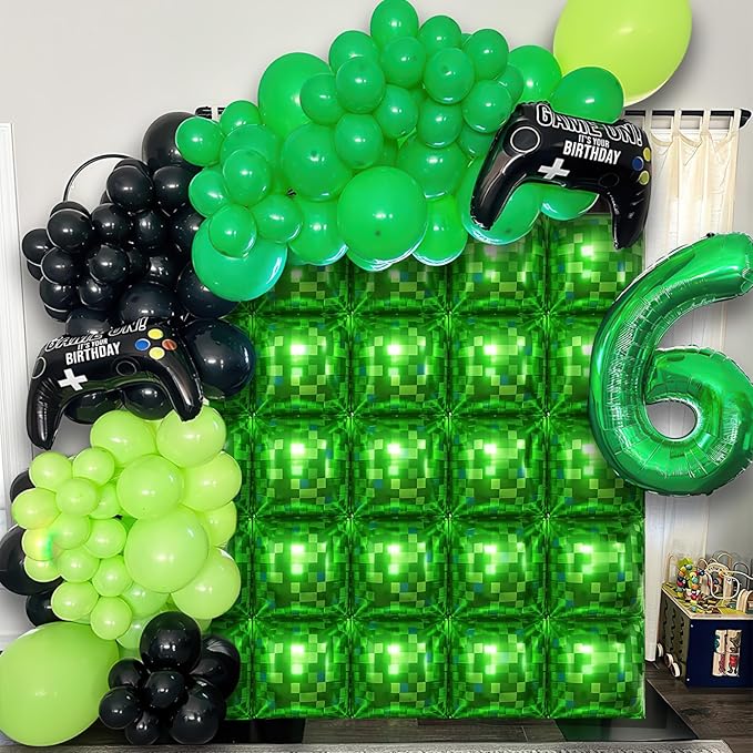 Green Pixel Square Balloon Wall, 25 PCS Green Pixel Square Foil Balloons Wall Backdrop Balloons Tunnel Arch for Kids Boys Video Game Theme Birthday Party Decoration