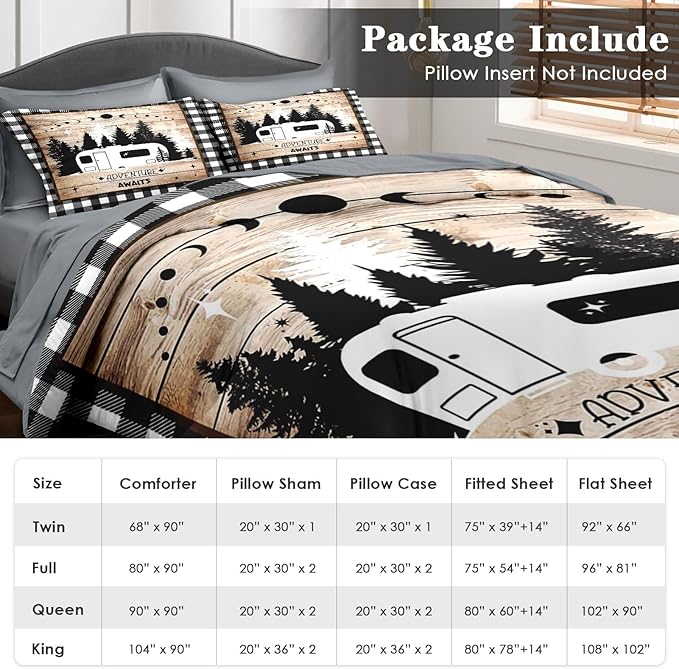 Comforter Set Twin Size, Camping Camper Rv 5 Pcs Bedding for Kids and Adults, Car Family Bed Sheet Sets with Fitted Sheet Pillowcase & Sham for Bedroom Bed Decor