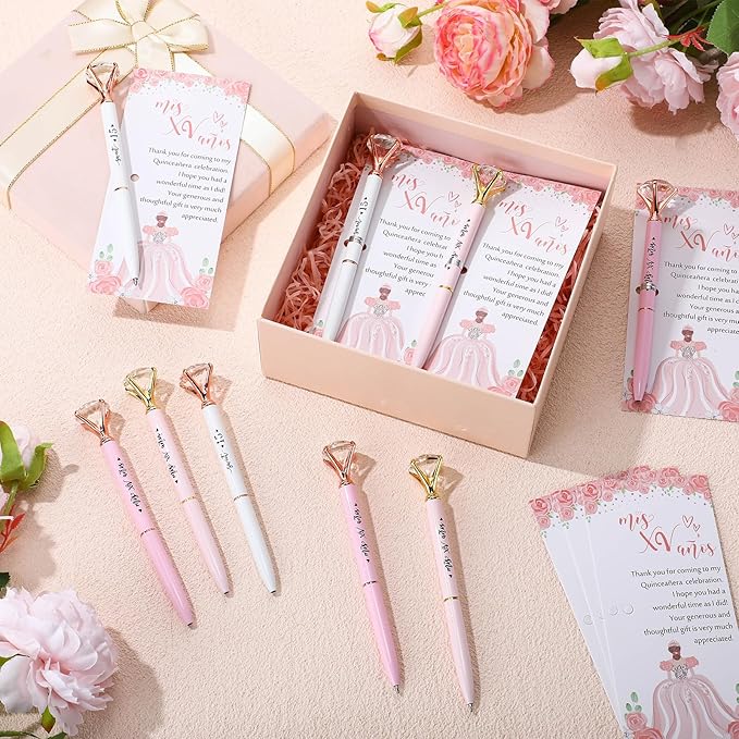 25 Sets Quinceanera Party Favors Sweet 15 Diamond Pens Fancy Ballpoint Pens with Crystal Birthday Party Thank You Cards and Ties Thank You Gifts for Guests Back School(White, Pink)