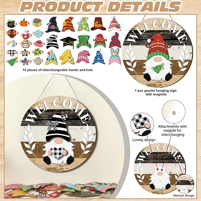 Qunclay Interchangeable Wooden Gnome Decor Holiday Seasonal Gnome Decorations with Magnet Pieces and Detachable Hats Changeable Welcome Sign for Home(Black White Grey)