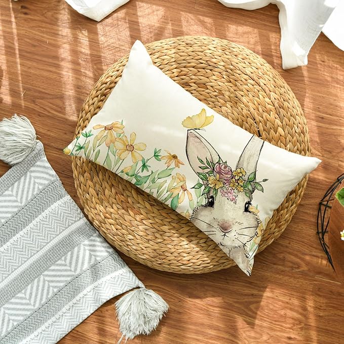 AVOIN colorlife Easter Yellow Floral Garland Bunny Throw Pillow Cover, 12 x 20 Inch Spring Rabbit Holiday Cushion Case Decoration for Sofa Couch
