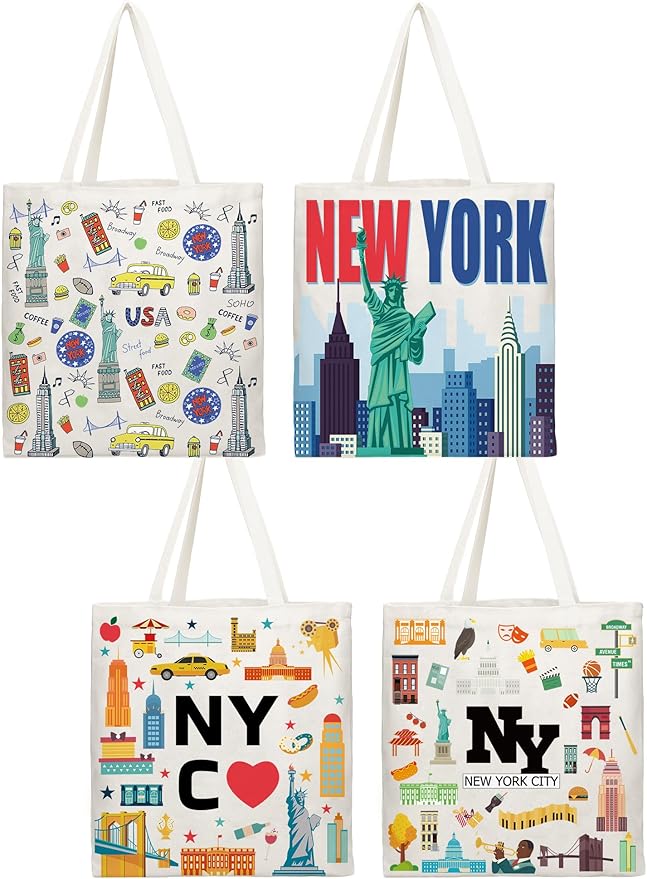 Paterr 4 Pcs New York Canvas Tote Bag New York Souvenir Gift NYC Seattle Souvenir Grocery Bag Women Travel Gifts Grocery Shopping Bag Christmas Party Favors