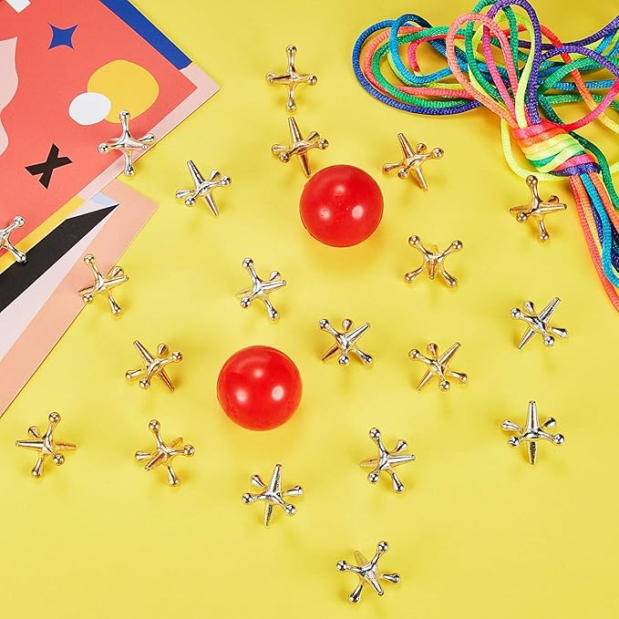 Gejoy 2 Sets Metal Jacks Game with Ball 2 Pieces Red Rubber Balls and 20 Pieces Classic Retro Vintage Jacks Toy for Kids and Adults for Christmas Birthday Party Game