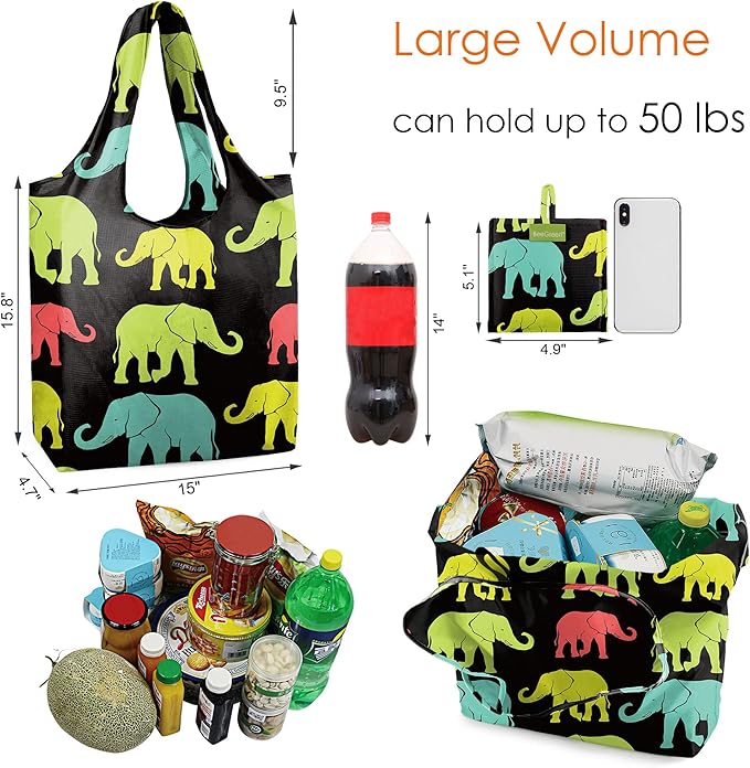 BeeGreen Animals Reusable Grocery Bags Reusable Kitchen Bags Bulk Foldable-Machine Washable with Zipper Storage Pouch 6 Packs