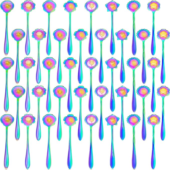 EBOOT 40 Pcs Rainbow Flower Teaspoon Stainless Steel Tea Party Spoons Mini Cute Teaspoon for Stirring Coffee Sugar Drink Demitasse Kitchen Bar Tableware Party Favors Decorations