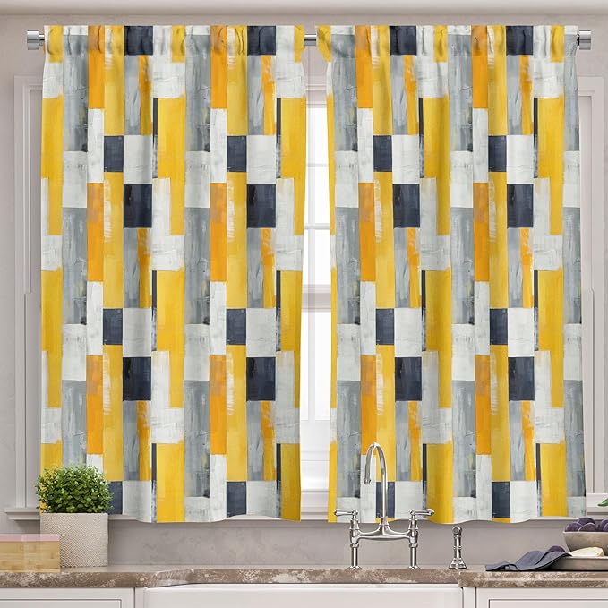Ambesonne Retro Valance & Tier Curtain 3 pcs Set, Contemporary Abstract Geometric Tricolor Shapes Marker Art Paint Print, Window Treatments for Kitchen Room Decor, 55" x 36", Amber White Charcoal Grey