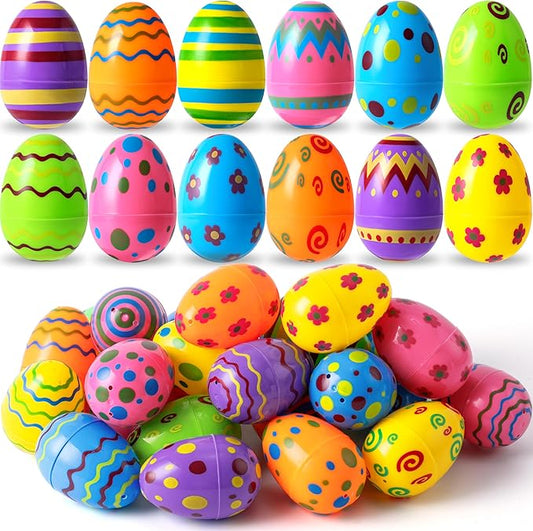 JOYIN Toy 18 PCs Plastic Printed Bright Easter Eggs, Over 3.15'' Tall Fillable Empty Eggs Bulks for Easter Hunt, Basket Stuffers Fillers, Classroom Prize Supplies, Filling Treats and Party Favor