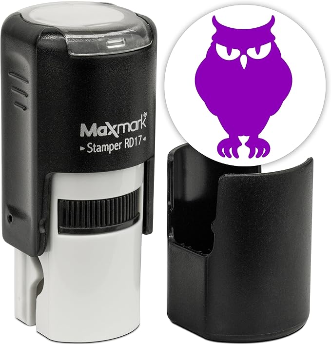 MaxMark Round Self Inking Halloween Stamp - Owl - Purple Ink