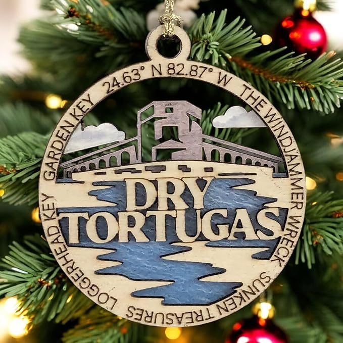 Dry Tortugas National Park Wood Christmas Decoration, Garden Key Fort Jefferson Ornament - 3" Laser Cut with Park Scene