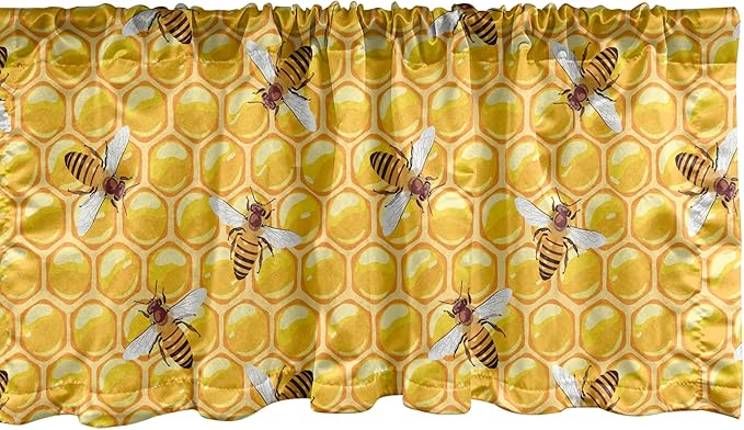 Ambesonne Bee Window Valance, Honeybees Working on Honeycomb Hard Worker Insects Illustration Print, Curtain Valance for Kitchen Bedroom Decor with Rod Pocket, 42" x 12", Orange Apricot