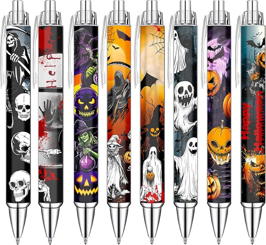 Idealmuzik Funny Ballpoint Pens for Adult, Stationery Lovers – Smooth Writing Pens for Journaling – Haunted Holiday Design, 8 Pack
