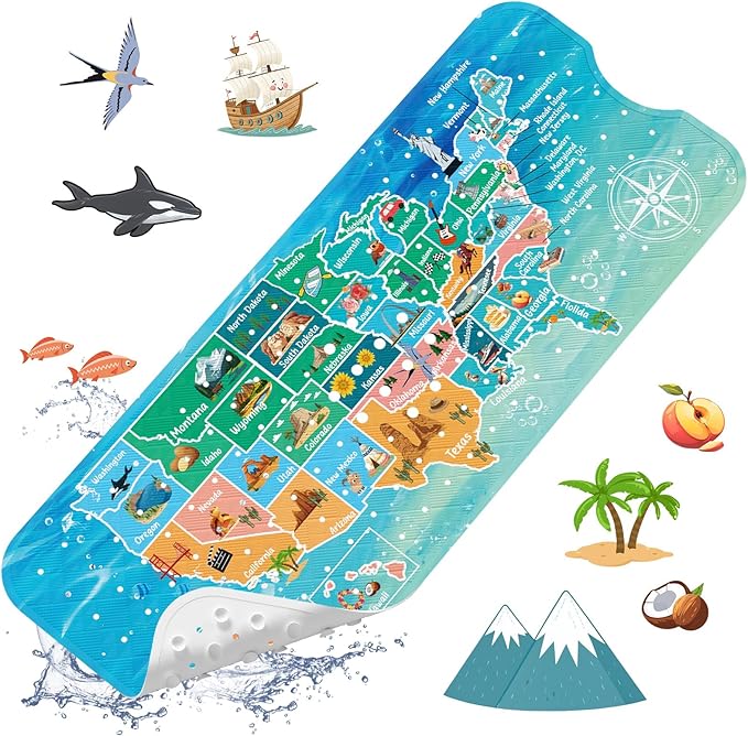 XIYUNTE Baby Bath Mat for Tub Non Slip Kids Bath Mat - 40''x16'' Extra Long Cartoon Bathtub Mat Non Slip Kids Shower Mat Eco-Friendly Toddler Bath Mats with Suction Cups, Machine Washable, Map