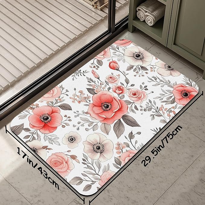 Vintage Poppy Flowers Bathroom Rug 29.5"x17", Super Absorbent Fast Drying Bath Mat with Non-Slip Rubber Backing, Thin Low-Profile Easy-Clean Bathroom Floor Mat for Shower or Tub