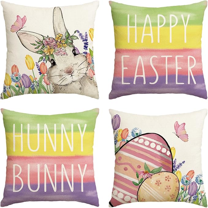 AVOIN colorlife Happy Easter Hunny Bunny Colorful Srtipes Throw Pillow Covers, 18 x 18 Inch Easter Eggs Bunny Spring Cushion Case for Sofa Couch Set of 4